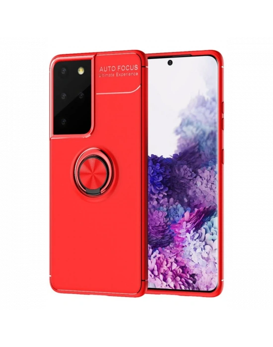 Newface Samsung Galaxy S21 Ultra Kılıf Range Yüzüklü Silikon - Kırmızı