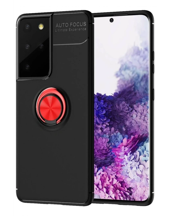 Newface Samsung Galaxy S21 Ultra Kılıf Range Yüzüklü Silikon - Siyah-Kırmızı