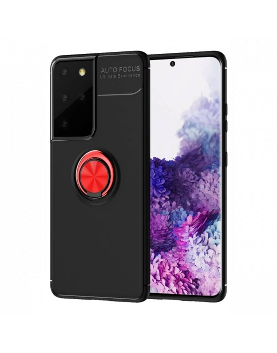 Newface Samsung Galaxy S21 Ultra Kılıf Range Yüzüklü Silikon - Siyah-Kırmızı