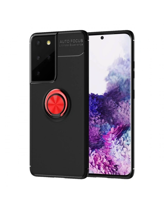 Newface Samsung Galaxy S21 Ultra Kılıf Range Yüzüklü Silikon - Siyah-Kırmızı