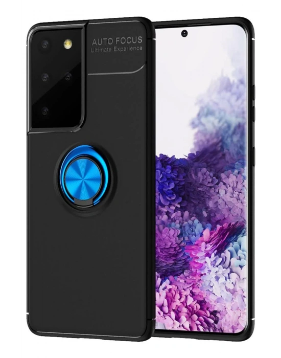 Newface Samsung Galaxy S21 Ultra Kılıf Range Yüzüklü Silikon - Siyah-Mavi