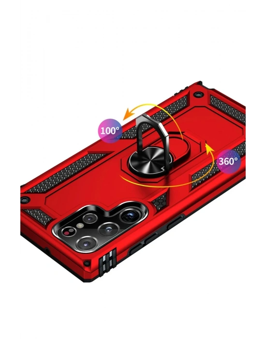 Newface Samsung Galaxy S21 Ultra Kılıf Sofya Yüzüklü Silikon Kapak - Kırmızı