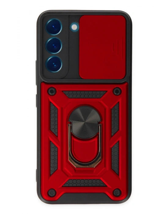 Newface Samsung Galaxy S22 Kılıf Pars Lens Yüzüklü Silikon - Kırmızı