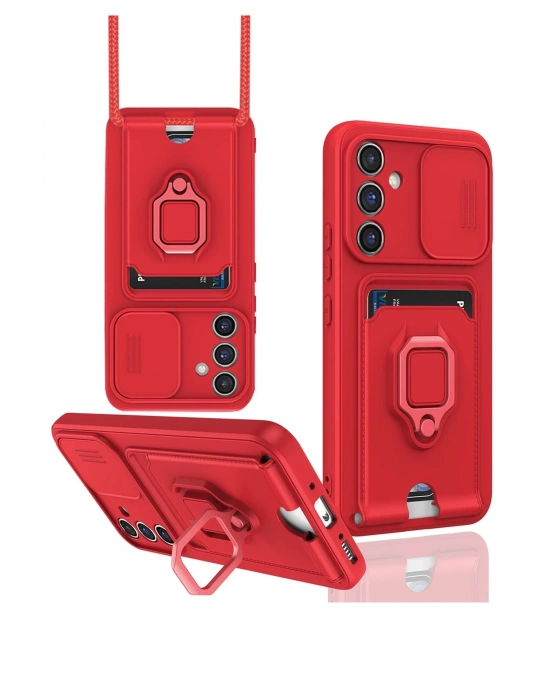 Newface Samsung Galaxy S23 FE Kılıf Zuma Kartvizitli Yüzüklü Silikon - Kırmızı