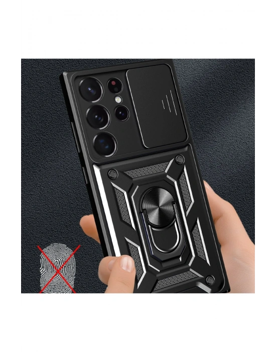 Newface Samsung Galaxy S23 Ultra Kılıf Pars Lens Yüzüklü Silikon - Kırmızı