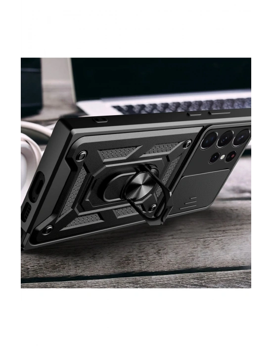 Newface Samsung Galaxy S23 Ultra Kılıf Pars Lens Yüzüklü Silikon - Kırmızı