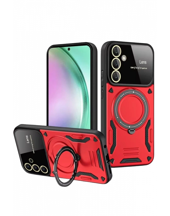 Newface Samsung Galaxy S24 FE Kılıf Joy Lens Standlı Kapak - Kırmızı