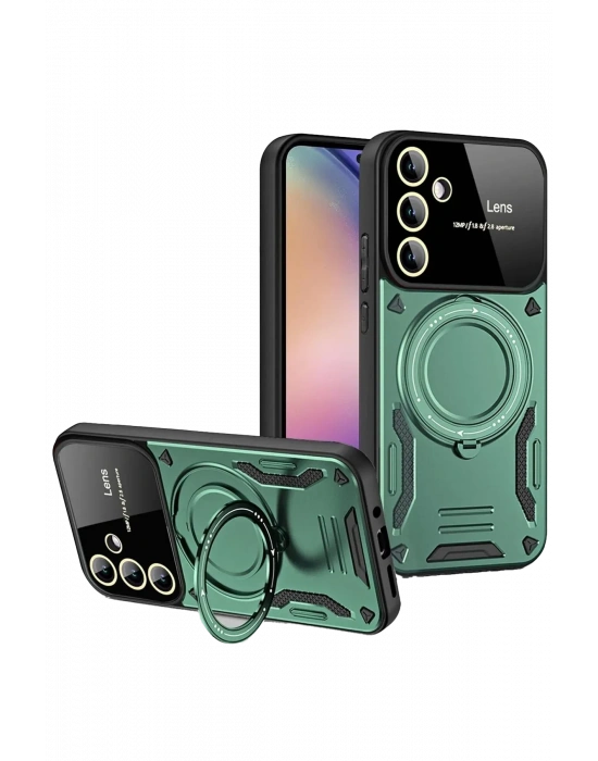 Newface Samsung Galaxy S24 FE Kılıf Joy Lens Standlı Kapak - Koyu Yeşil