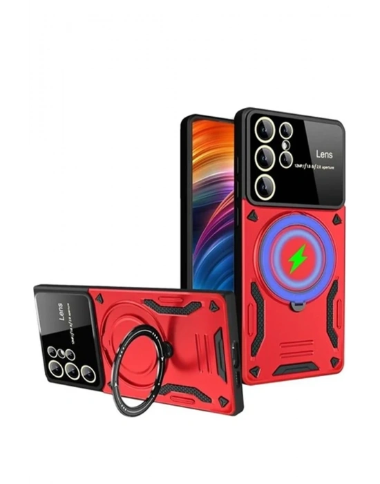 Newface Samsung Galaxy S24 Ultra Kılıf Joy Lens Standlı Kapak - Kırmızı