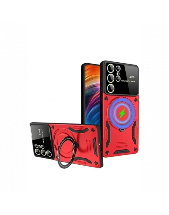 Newface Samsung Galaxy S24 Ultra Kılıf Joy Lens Standlı Kapak - Kırmızı