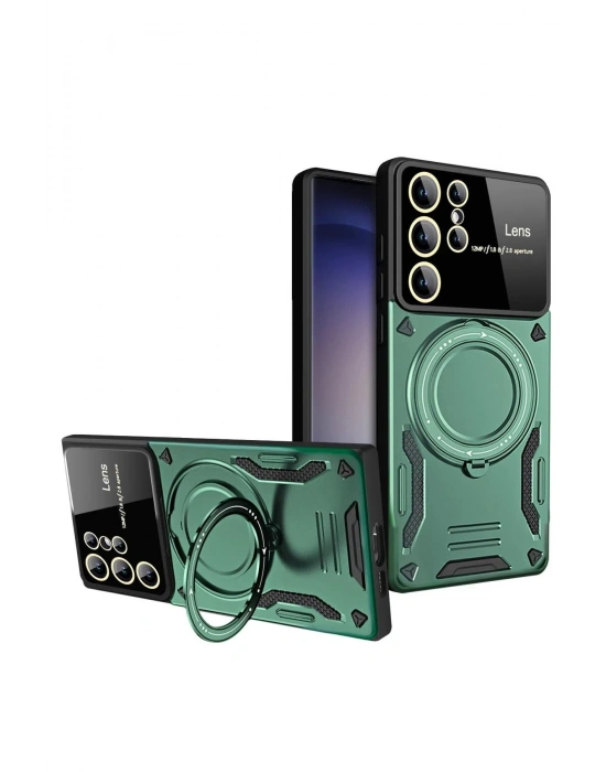 Newface Samsung Galaxy S24 Ultra Kılıf Joy Lens Standlı Kapak - Koyu Yeşil