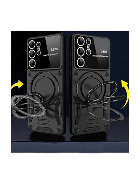 Newface Samsung Galaxy S24 Ultra Kılıf Joy Lens Standlı Kapak - Koyu Yeşil