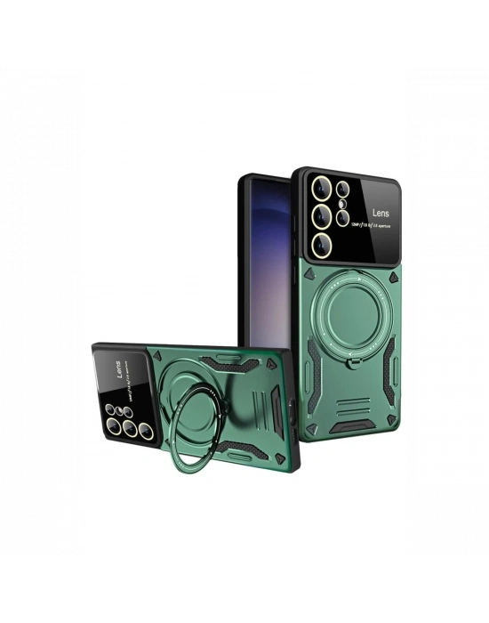 Newface Samsung Galaxy S24 Ultra Kılıf Joy Lens Standlı Kapak - Koyu Yeşil