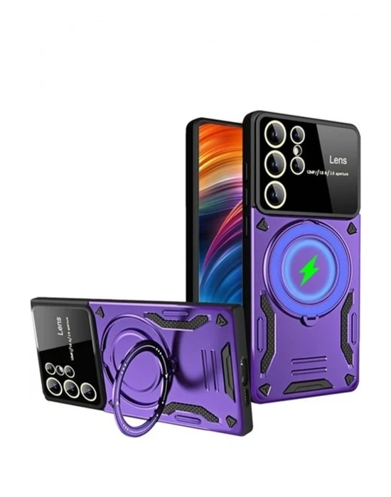 Newface Samsung Galaxy S24 Ultra Kılıf Joy Lens Standlı Kapak - Mor