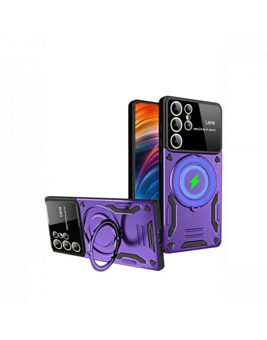 Newface Samsung Galaxy S24 Ultra Kılıf Joy Lens Standlı Kapak - Mor