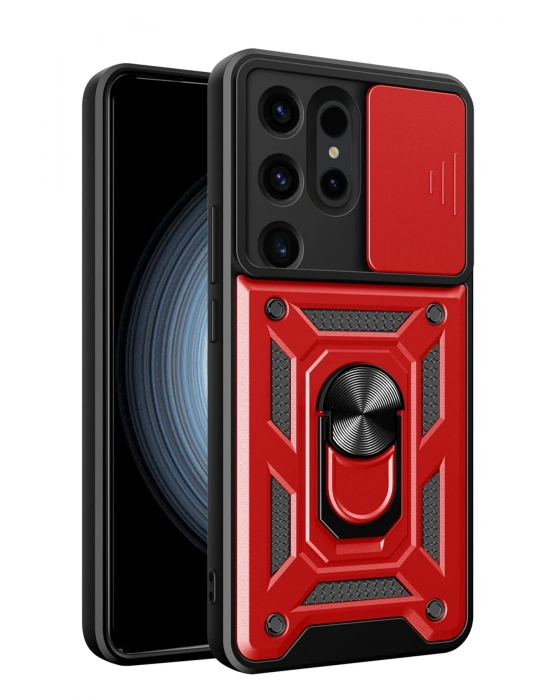 Newface Samsung Galaxy S24 Ultra Kılıf Pars Lens Yüzüklü Silikon - Kırmızı