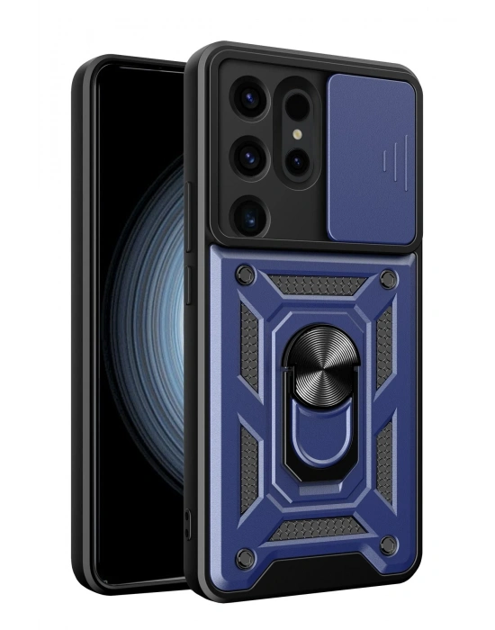 Newface Samsung Galaxy S24 Ultra Kılıf Pars Lens Yüzüklü Silikon - Lacivert