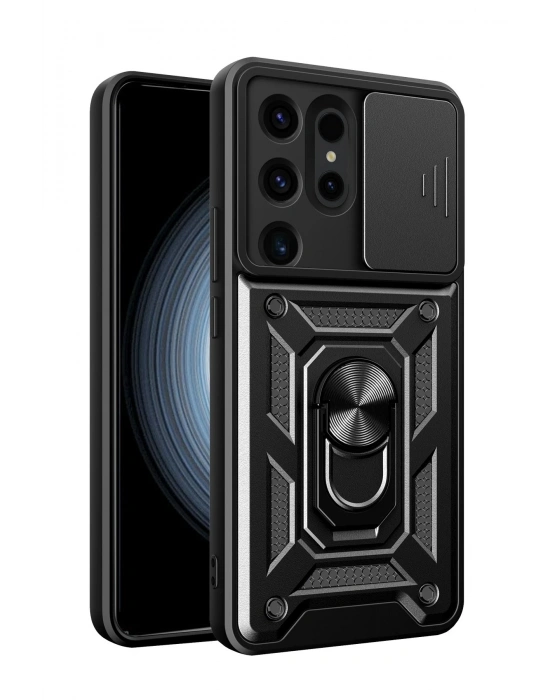 Newface Samsung Galaxy S24 Ultra Kılıf Pars Lens Yüzüklü Silikon - Siyah