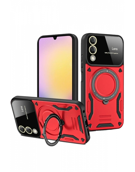 Newface Samsung Galaxy S25 Edge Kılıf Joy Lens Standlı Kapak - Kırmızı