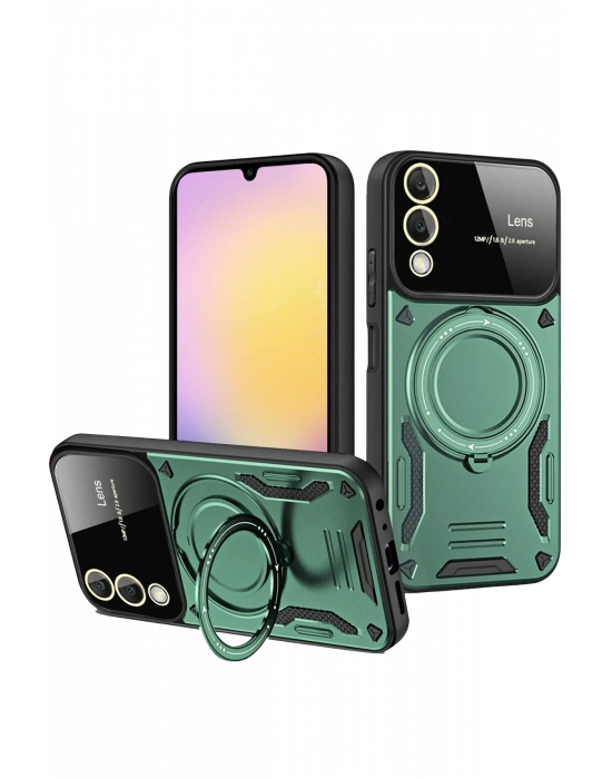 Newface Samsung Galaxy S25 Edge Kılıf Joy Lens Standlı Kapak - Koyu Yeşil