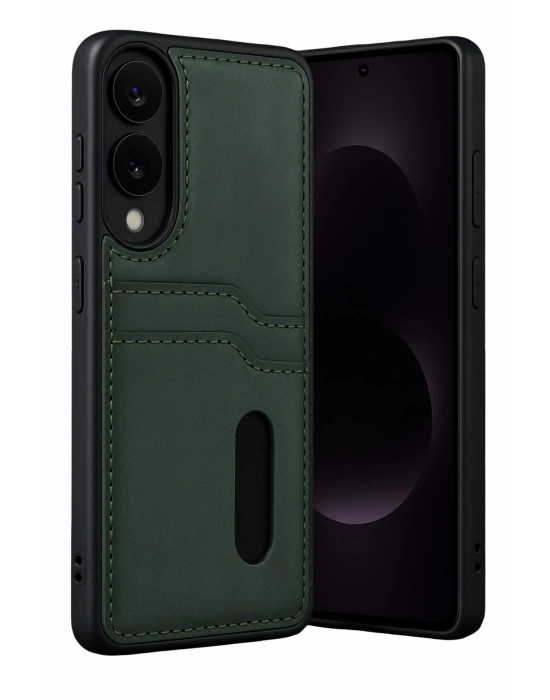 Newface Samsung Galaxy S25 Edge Sara Kartvizitli Deri Kılıf - Koyu Yeşil