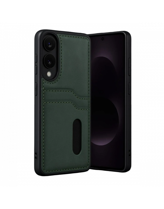 Newface Samsung Galaxy S25 Edge Sara Kartvizitli Deri Kılıf - Koyu Yeşil