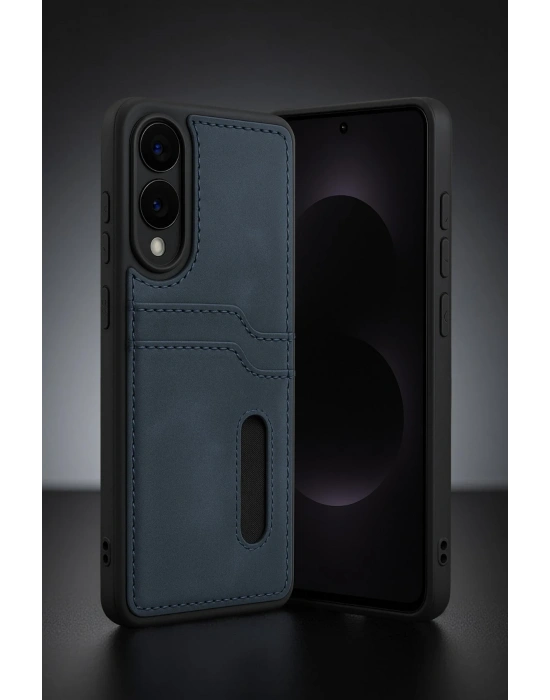 Newface Samsung Galaxy S25 Edge Sara Kartvizitli Deri Kılıf - Lacivert