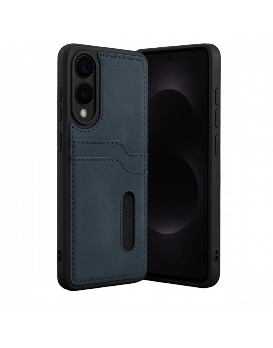 Newface Samsung Galaxy S25 Edge Sara Kartvizitli Deri Kılıf - Lacivert