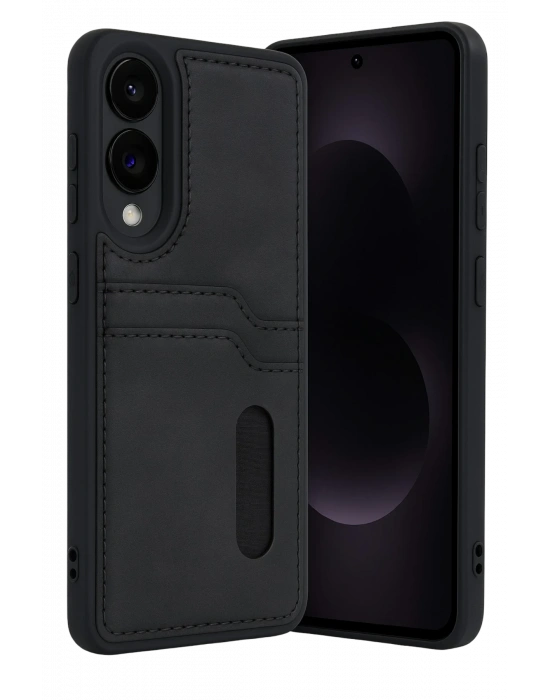 Newface Samsung Galaxy S25 Edge Sara Kartvizitli Deri Kılıf - Siyah