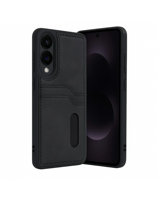 Newface Samsung Galaxy S25 Edge Sara Kartvizitli Deri Kılıf - Siyah