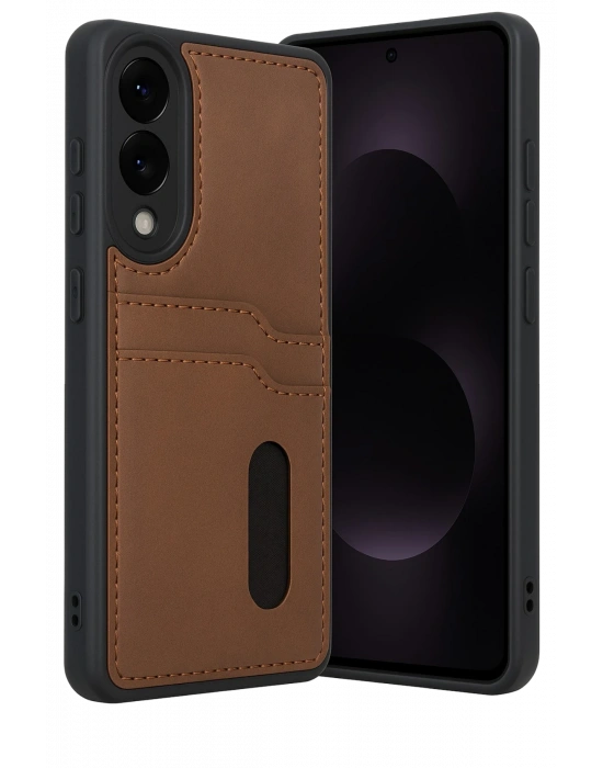 Newface Samsung Galaxy S25 Edge Sara Kartvizitli Deri Kılıf - Taba