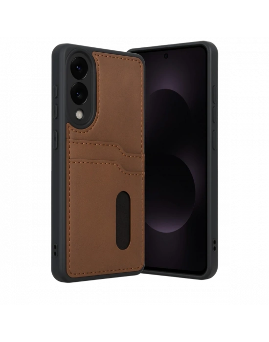 Newface Samsung Galaxy S25 Edge Sara Kartvizitli Deri Kılıf - Taba