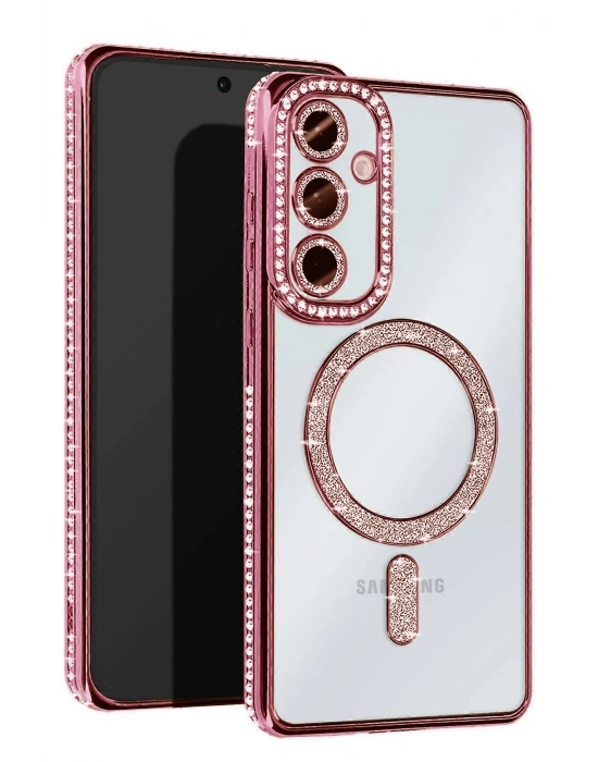 Newface Samsung Galaxy S25 Kılıf Joke Simli Magneticsafe Kılıf - Pembe