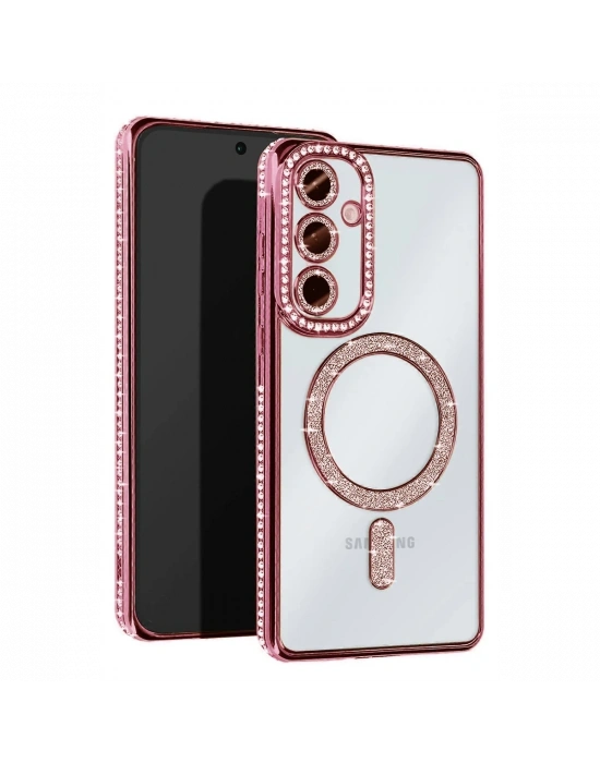 Newface Samsung Galaxy S25 Kılıf Joke Simli Magneticsafe Kılıf - Pembe