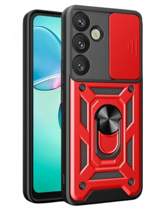 Newface Samsung Galaxy S25 Kılıf Pars Lens Yüzüklü Silikon - Kırmızı