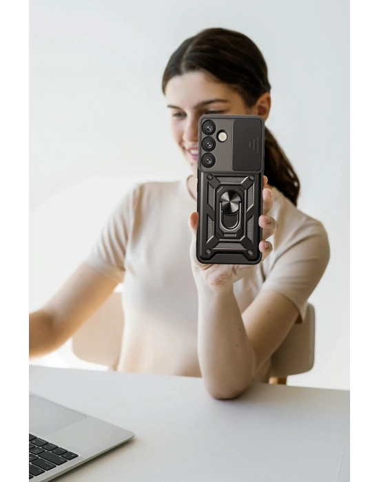 Newface Samsung Galaxy S25 Plus Kılıf Pars Lens Yüzüklü Silikon - Siyah