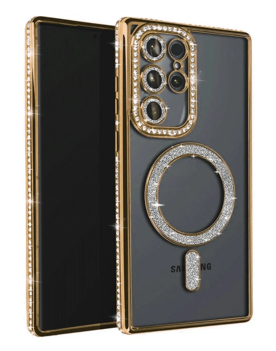 Newface Samsung Galaxy S25 Ultra Kılıf Joke Simli Magneticsafe Kılıf - Gold