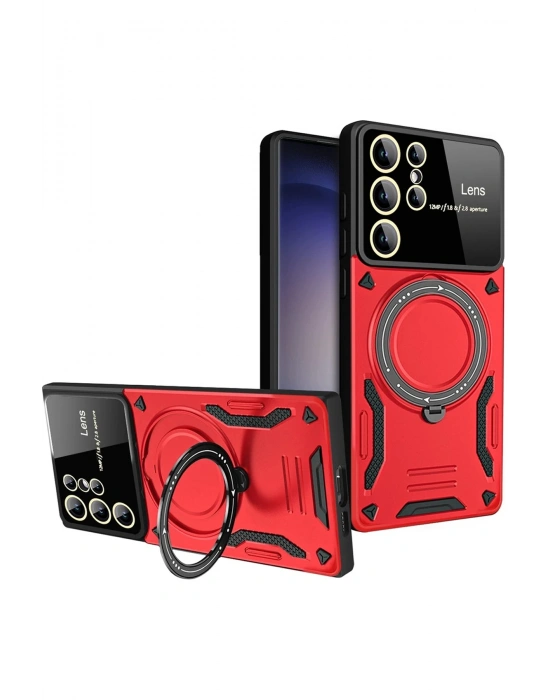 Newface Samsung Galaxy S25 Ultra Kılıf Joy Lens Standlı Kapak - Kırmızı