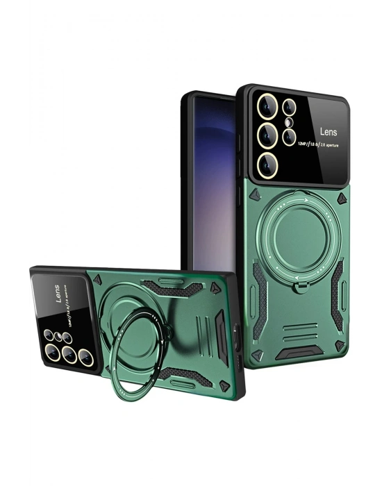 Newface Samsung Galaxy S25 Ultra Kılıf Joy Lens Standlı Kapak - Koyu Yeşil