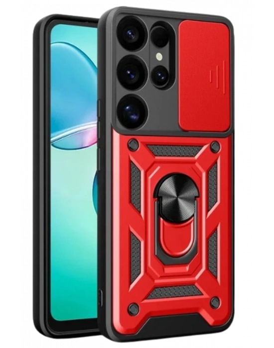 Newface Samsung Galaxy S25 Ultra Kılıf Pars Lens Yüzüklü Silikon - Kırmızı