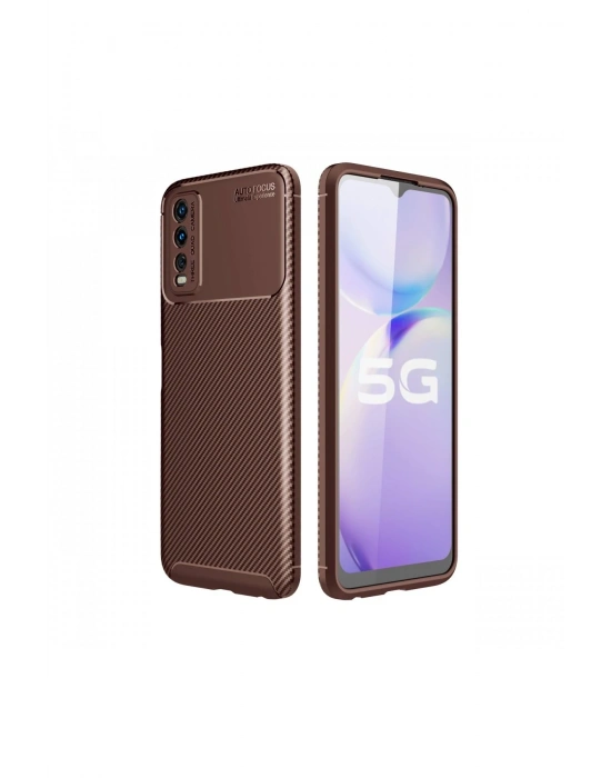 Newface Vivo Y11S Kılıf Auto Focus Karbon Kapak - Kahverengi