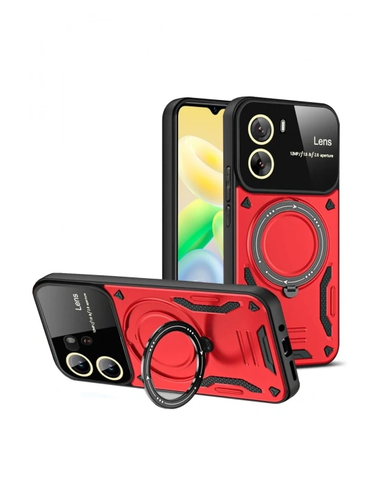 Newface Vivo Y16 Kılıf Joy Lens Standlı Kapak - Kırmızı