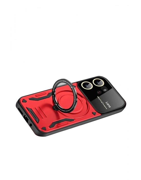 Newface Vivo Y16 Kılıf Joy Lens Standlı Kapak - Kırmızı