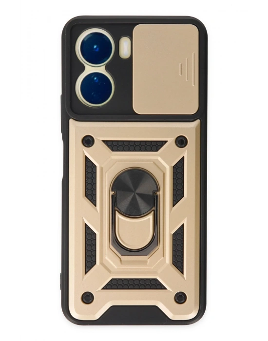 Newface Vivo Y16 Kılıf Pars Lens Yüzüklü Silikon - Gold