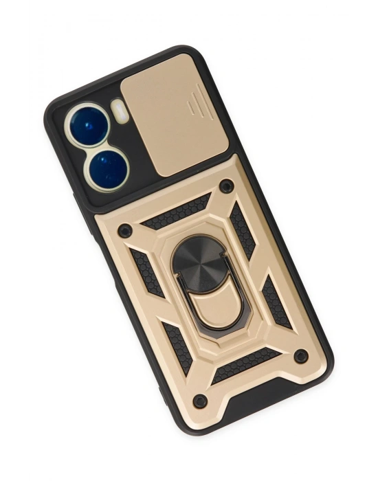 Newface Vivo Y16 Kılıf Pars Lens Yüzüklü Silikon - Gold