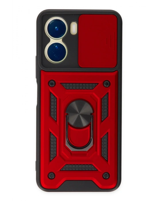 Newface Vivo Y16 Kılıf Pars Lens Yüzüklü Silikon - Kırmızı