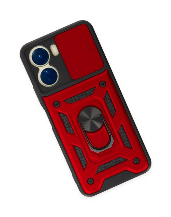 Newface Vivo Y16 Kılıf Pars Lens Yüzüklü Silikon - Kırmızı