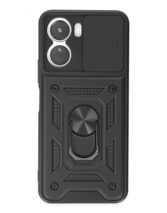 Newface Vivo Y16 Kılıf Pars Lens Yüzüklü Silikon - Siyah