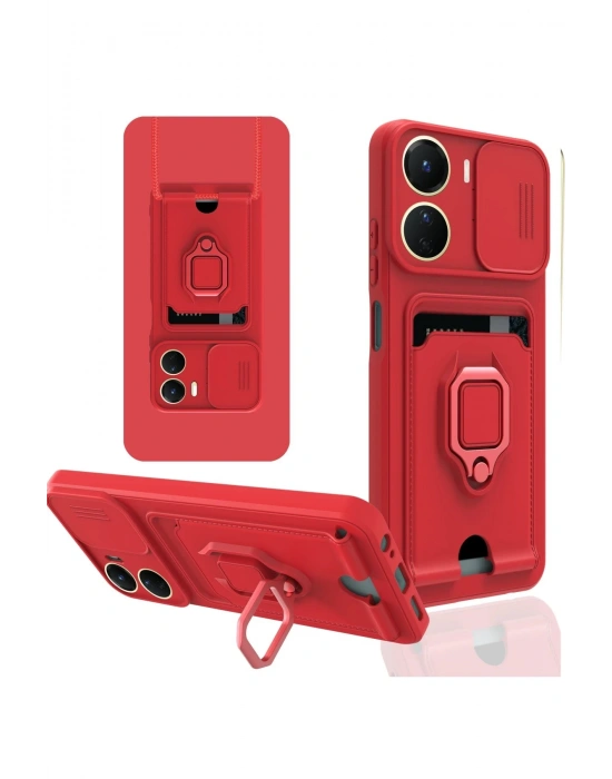 Newface Vivo Y16 Kılıf Zuma Kartvizitli Yüzüklü Silikon - Kırmızı