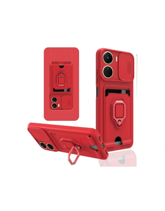 Newface Vivo Y16 Kılıf Zuma Kartvizitli Yüzüklü Silikon - Kırmızı